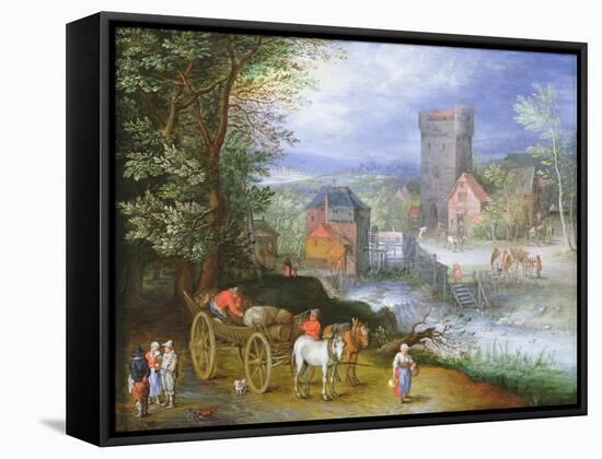 A River Landscape with a Watermill-Jan Brueghel the Younger-Framed Stretched Canvas