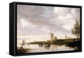 A River Landscape with Barges and Sailboats and a Church beyond-Salomon van Ruysdael-Framed Stretched Canvas