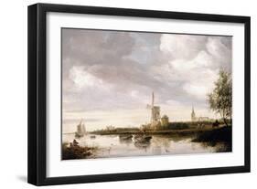 A River Landscape with Barges and Sailboats and a Church Beyond-George Henry Clements-Framed Premium Giclee Print