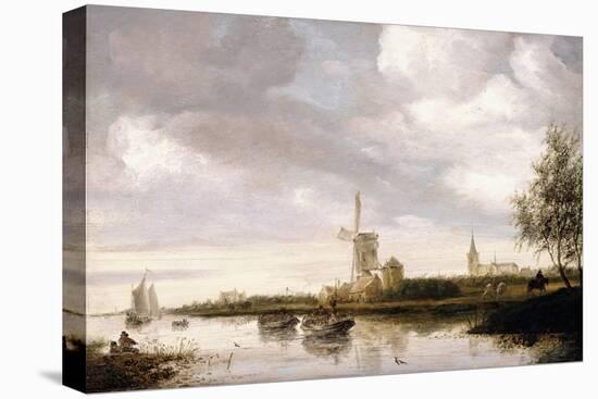 A River Landscape with Barges and Sailboats and a Church Beyond-George Henry Clements-Stretched Canvas