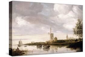 A River Landscape with Barges and Sailboats and a Church Beyond-George Henry Clements-Stretched Canvas