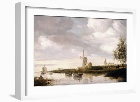 A River Landscape with Barges and Sailboats and a Church Beyond-George Henry Clements-Framed Giclee Print