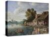 A River Landscape with Gentry at a Village Inn-Jan van Kessel the Elder-Stretched Canvas