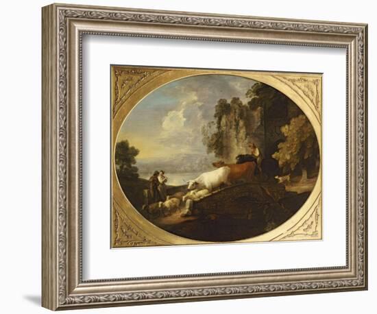 A River Landscape with Rustic Lovers, a Mounted Herdsman Driving Cattle and Sheep over a Bridge-Thomas Gainsborough-Framed Giclee Print