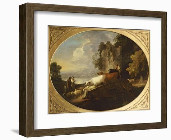 A River Landscape with Rustic Lovers, a Mounted Herdsman Driving Cattle and Sheep over a Bridge-Thomas Gainsborough-Framed Giclee Print