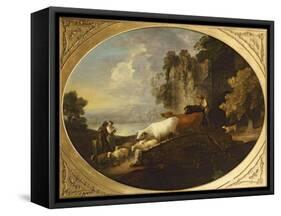 A River Landscape with Rustic Lovers, a Mounted Herdsman Driving Cattle and Sheep over a Bridge-Thomas Gainsborough-Framed Stretched Canvas