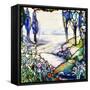A River Meandering from a Distant Mountain Range at Dusk, with Cypress, Lilies, Poppies and Irises-Tiffany Studios-Framed Stretched Canvas