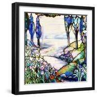 A River Meandering from a Distant Mountain Range at Dusk, with Cypress, Lilies, Poppies and Irises-Tiffany Studios-Framed Giclee Print