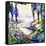 A River Meandering from a Distant Mountain Range at Dusk, with Cypress, Lilies, Poppies and Irises-Tiffany Studios-Framed Stretched Canvas
