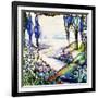 A River Meandering from a Distant Mountain Range at Dusk, with Cypress, Lilies, Poppies and Irises-Tiffany Studios-Framed Giclee Print