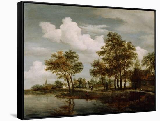 A River Scene, 1658 (Oil on Oak Panel)-Meindert Hobbema-Framed Stretched Canvas