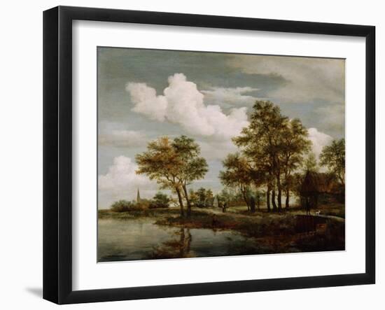 A River Scene, 1658 (Oil on Oak Panel)-Meindert Hobbema-Framed Giclee Print