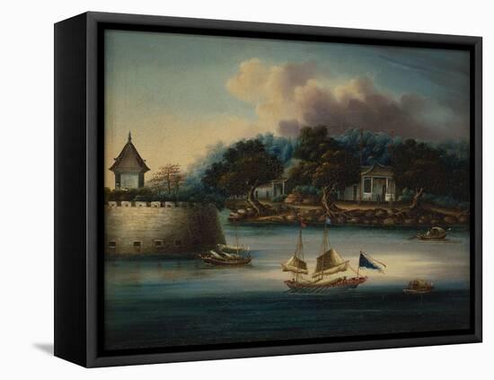 A River Scene with a Folly Fort; and Junks Moored around an Island Temple-Chinese School-Framed Stretched Canvas