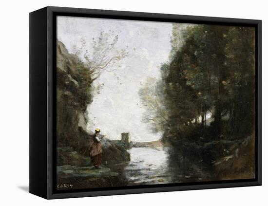 A River with a Square Tower and a Farmer in the Foreground, C.1865-70-Jean-Baptiste-Camille Corot-Framed Stretched Canvas