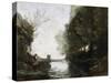 A River with a Square Tower and a Farmer in the Foreground, C.1865-70-Jean-Baptiste-Camille Corot-Stretched Canvas