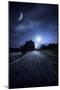 A Road in a Park at Night Against Moon and Moody Sky, Moscow, Russia-null-Mounted Photographic Print