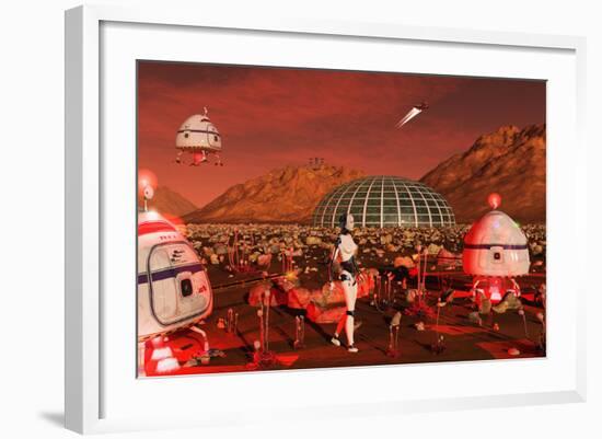 A Robot and Landing Craft Making Deliveries to a Habitat Dome-Stocktrek Images-Framed Art Print