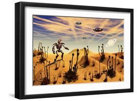 A Robot Tending to a Desert Garden Located on a Moon-Stocktrek Images-Framed Art Print