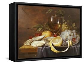 A Roemer, a Peeled Half Lemon on a Pewter Plate, Oysters, Cherries and an Orange on a Draped Table-Joris Van Son-Framed Stretched Canvas