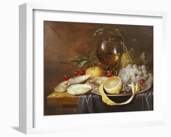 A Roemer, a Peeled Half Lemon on a Pewter Plate, Oysters, Cherries and an Orange on a Draped Table-Joris Van Son-Framed Giclee Print