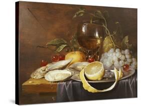 A Roemer, a Peeled Half Lemon on a Pewter Plate, Oysters, Cherries and an Orange on a Draped Table-Joris Van Son-Stretched Canvas