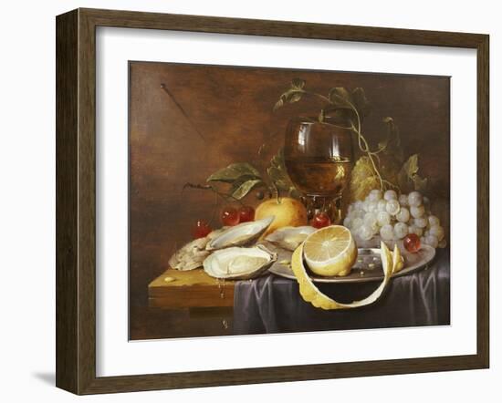 A Roemer, a Peeled Half Lemon on a Pewter Plate, Oysters, Cherries and an Orange on a Draped Table-Joris van Son-Framed Giclee Print