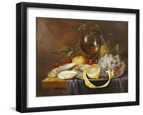 A Roemer, a Peeled Half Lemon on a Pewter Plate, Oysters, Cherries and an Orange on a Draped Table-Joris van Son-Framed Giclee Print