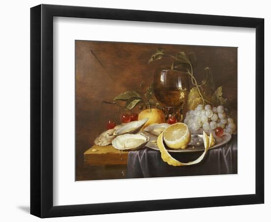 A Roemer, a Peeled Half Lemon on a Pewter Plate, Oysters, Cherries and an Orange on a Draped Table-Joris van Son-Framed Giclee Print