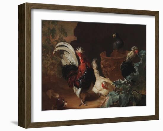 A Rooster, Two Chickens and Two Pigeons by an Antique Chipped Terra Cotta Vase in a Landscape, 1695-Abraham Bisschop-Framed Giclee Print