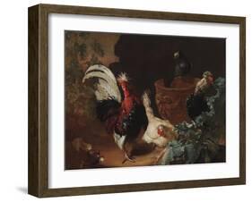 A Rooster, Two Chickens and Two Pigeons by an Antique Chipped Terra Cotta Vase in a Landscape, 1695-Abraham Bisschop-Framed Giclee Print