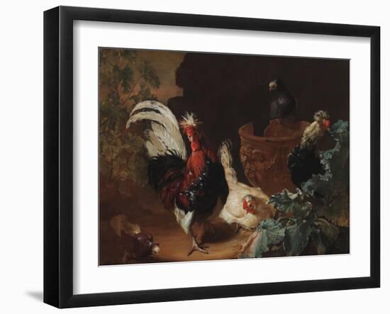 A Rooster, Two Chickens and Two Pigeons by an Antique Chipped Terra Cotta Vase in a Landscape, 1695-Abraham Bisschop-Framed Giclee Print