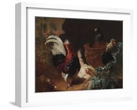 A Rooster, Two Chickens and Two Pigeons by an Antique Chipped Terra Cotta Vase in a Landscape, 1695-Abraham Bisschop-Framed Giclee Print