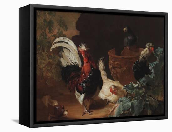 A Rooster, Two Chickens and Two Pigeons by an Antique Chipped Terra Cotta Vase in a Landscape, 1695-Abraham Bisschop-Framed Stretched Canvas