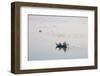 A rowing boat  surrounded by birds carries two novice monks towards U-Bein bridge on Taungthaman La-Tim Mannakee-Framed Photographic Print