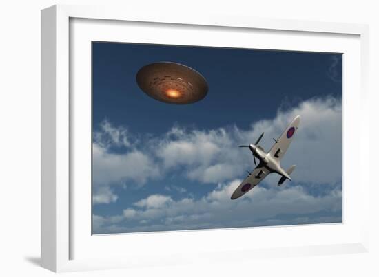 A Royal Air Force Supermarine Spitfire Aircraft Giving Chase to a Ufo-null-Framed Premium Giclee Print