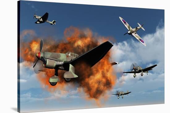 A Royal Air Force Supermarine Spitfire Attacking German Stuka Dive Bombers-null-Stretched Canvas