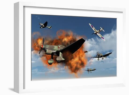 A Royal Air Force Supermarine Spitfire Attacking German Stuka Dive Bombers-null-Framed Art Print