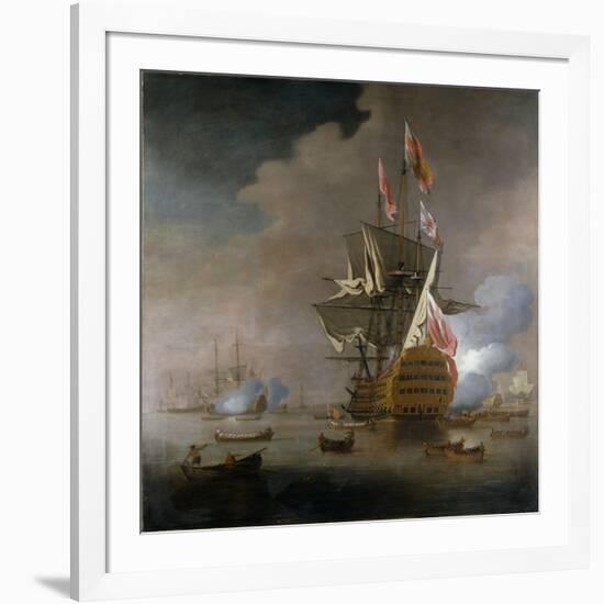 A Royal Party approaching a Flagship of the Red with Numerous Other Craft at Sea-Peter Monamy-Framed Giclee Print