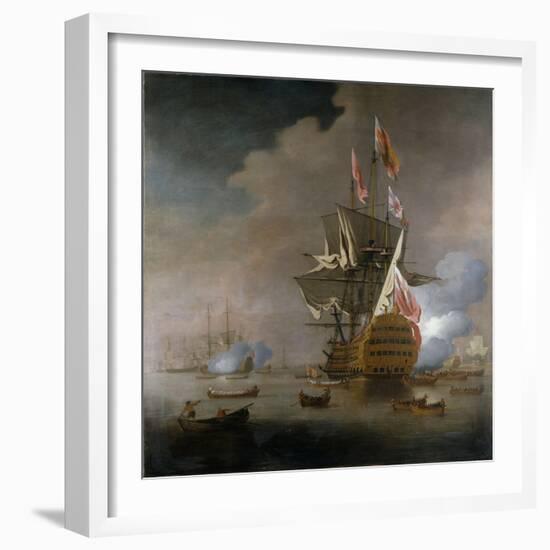 A Royal Party approaching a Flagship of the Red with Numerous Other Craft at Sea-Peter Monamy-Framed Giclee Print