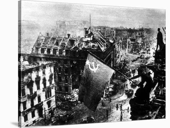 A Russian Sergeant Raises the Soviet Flag over the Reichstag, Berlin, 1945-null-Stretched Canvas