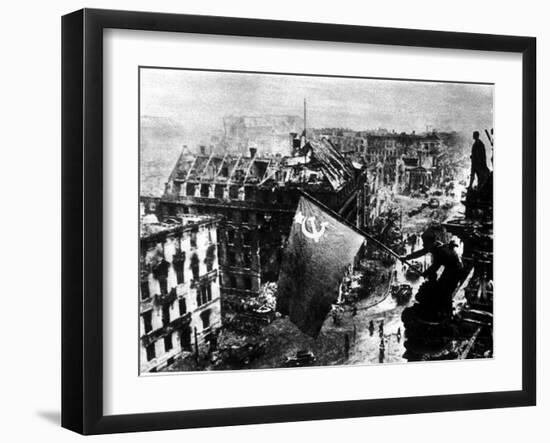 A Russian Sergeant Raises the Soviet Flag over the Reichstag, Berlin, 1945-null-Framed Premium Photographic Print