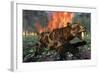 A Saber-Toothed Tiger Running Away from a Forest Fire-null-Framed Art Print