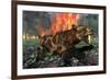 A Saber-Toothed Tiger Running Away from a Forest Fire-null-Framed Art Print