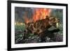 A Saber-Toothed Tiger Running Away from a Forest Fire-null-Framed Art Print