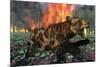 A Saber-Toothed Tiger Running Away from a Forest Fire-null-Mounted Art Print