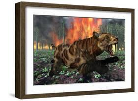 A Saber-Toothed Tiger Running Away from a Forest Fire-null-Framed Art Print