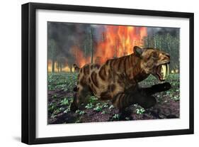 A Saber-Toothed Tiger Running Away from a Forest Fire-null-Framed Art Print