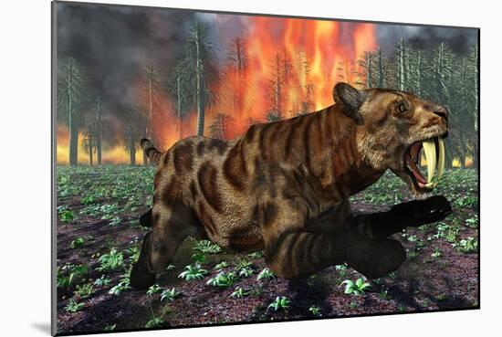A Saber-Toothed Tiger Running Away from a Forest Fire-null-Mounted Art Print
