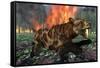 A Saber-Toothed Tiger Running Away from a Forest Fire-null-Framed Stretched Canvas