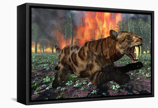 A Saber-Toothed Tiger Running Away from a Forest Fire-null-Framed Stretched Canvas